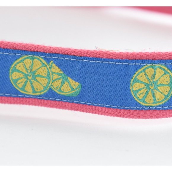Talbots Women Sz L Lemon Print Ribbon Belt Canvas Leather Blue Preppy D Ring USA - Picture 3 of 8